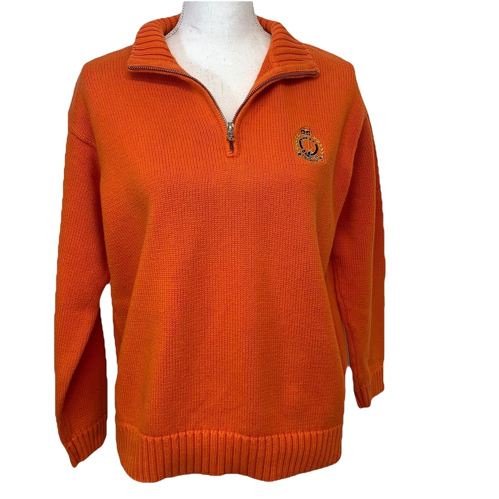 Lauren Ralph‎ Lauren Sweater Cardigan Woman Medium 1/4 Zip 100% Coton Logo Warm